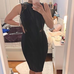 French Connection Black Stretch MIDI Dress with Lace Cutouts- size 0 NWT